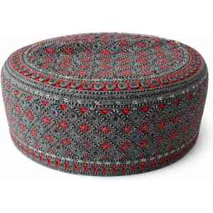 Handmade Sindhi Grey Red Embroidered Round Prayer Cap