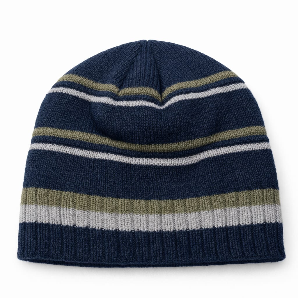Navy Striped Knit Beanie Cap