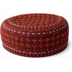 Handmade Sindhi Red Orange Embroidered Round Prayer Cap