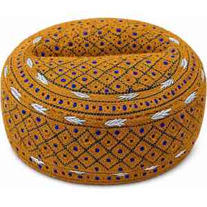 Handmade Sindhi Mustard Blue Embroidered Round Prayer Cap