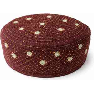 Handmade Sindhi Maroon Mirror Embroidered Round Prayer Cap