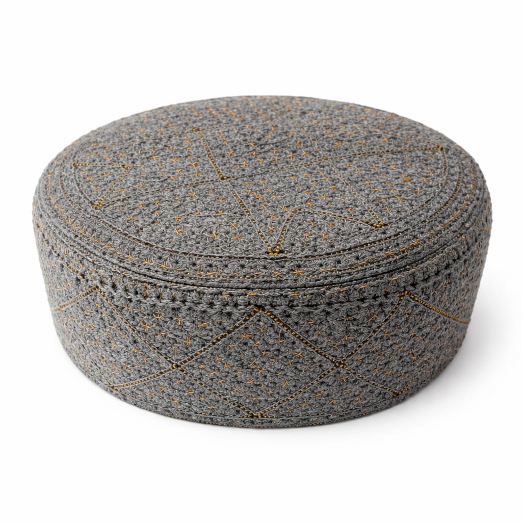 Handmade Sindhi Grey Pattern Embroidered Round Prayer Cap