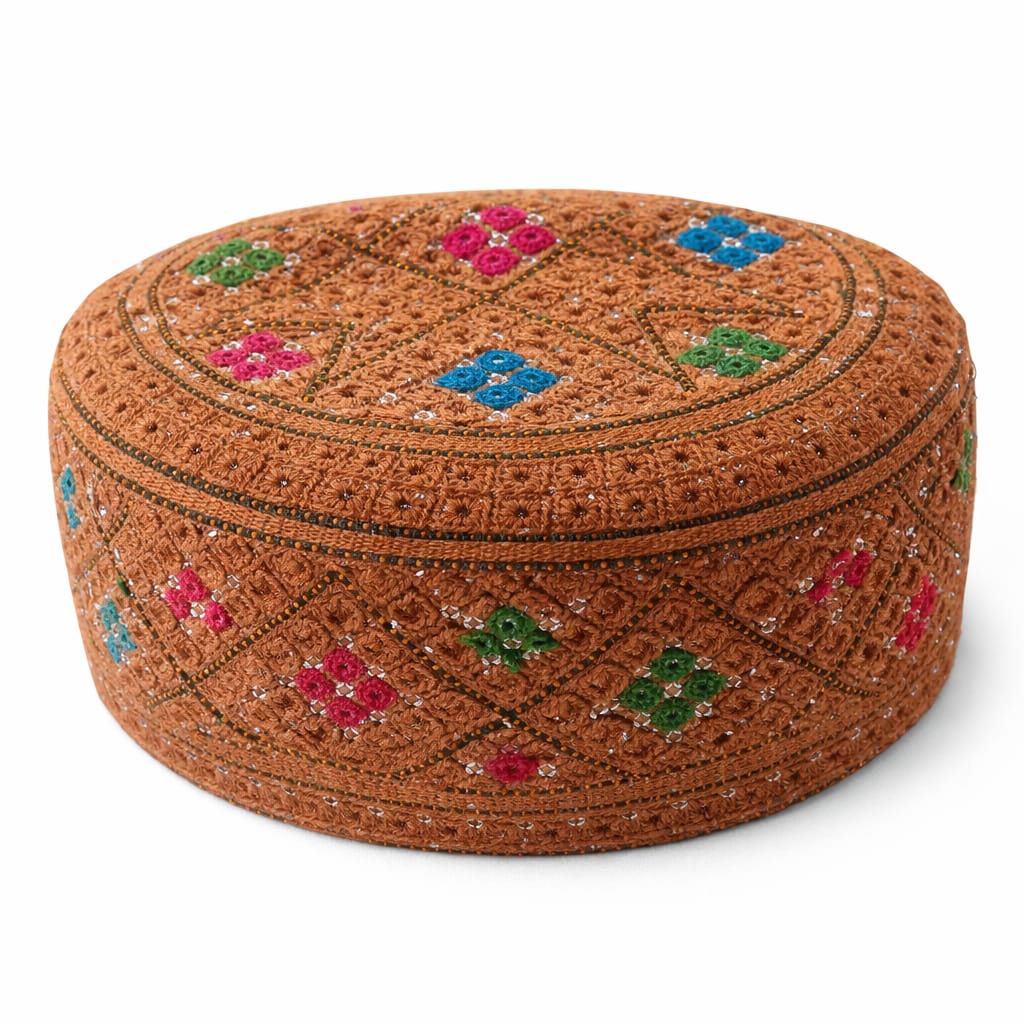 Handmade Sindhi Brown Multicolor Embroidered Prayer Cap