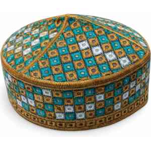 Turquoise and Gold Embroidered Islamic Kufi Cap