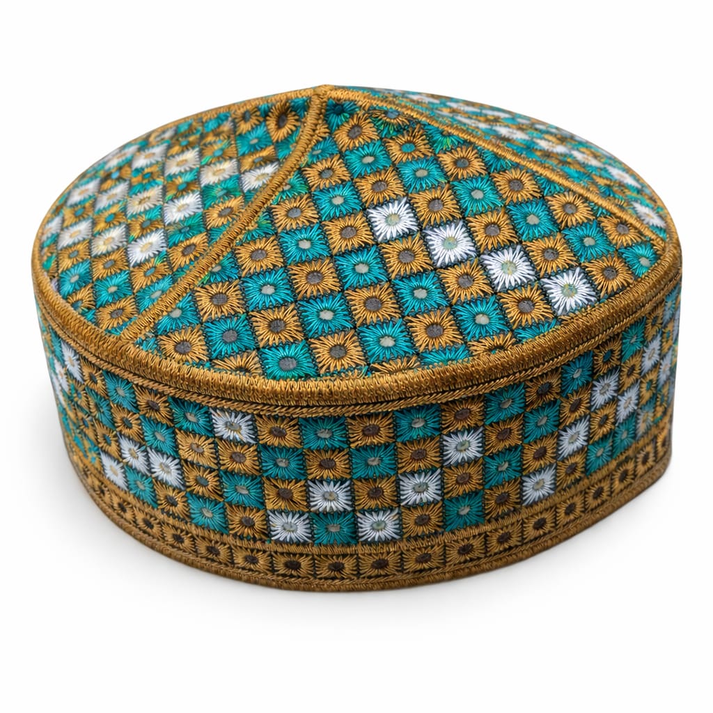 Turquoise and Gold Embroidered Islamic Kufi Cap