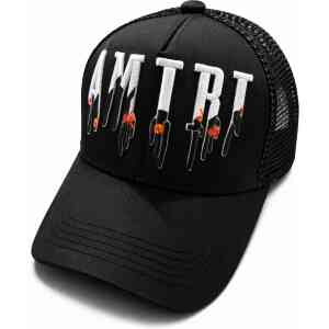 Premium AMIRI Style Embroidered Drip Trucker Cap – Matte Black