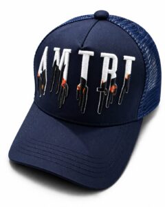 Premium AMIRI Style Embroidered Drip Trucker Cap – Navy Blue