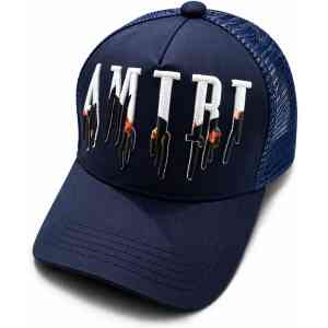 Premium AMIRI Style Embroidered Drip Trucker Cap – Navy Blue
