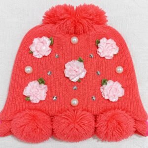 Girls Kids Winter Knitted Beanie Cap – Floral Pearl & Rhinestone Pom Pom Warm Hat