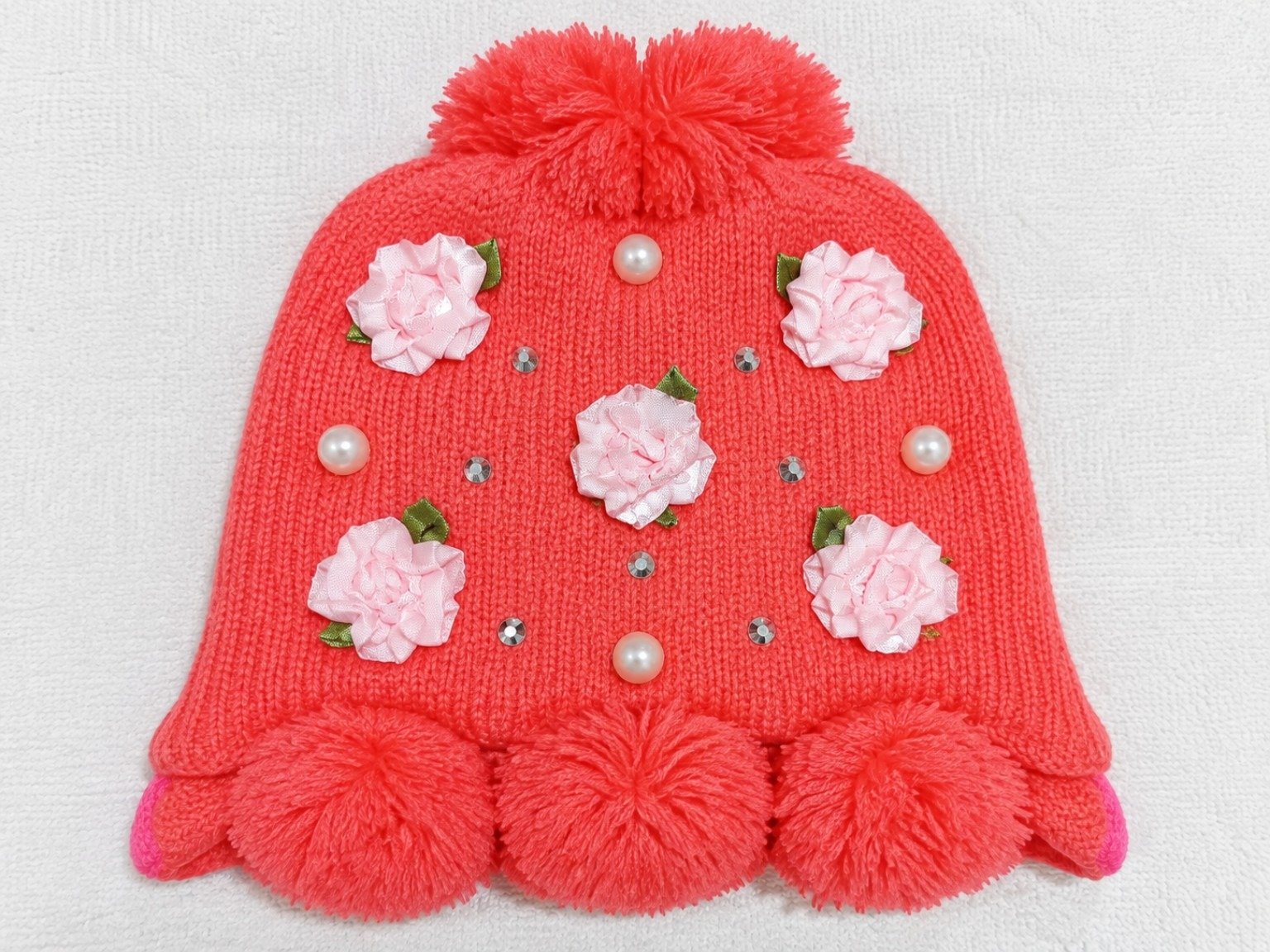 Girls Kids Winter Knitted Beanie Cap – Floral Pearl & Rhinestone Pom Pom Warm Hat - Image 2