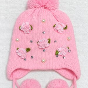 Girls Kids Winter Knitted Beanie Cap – Floral Pearl & Rhinestone Pom Pom Warm Hat