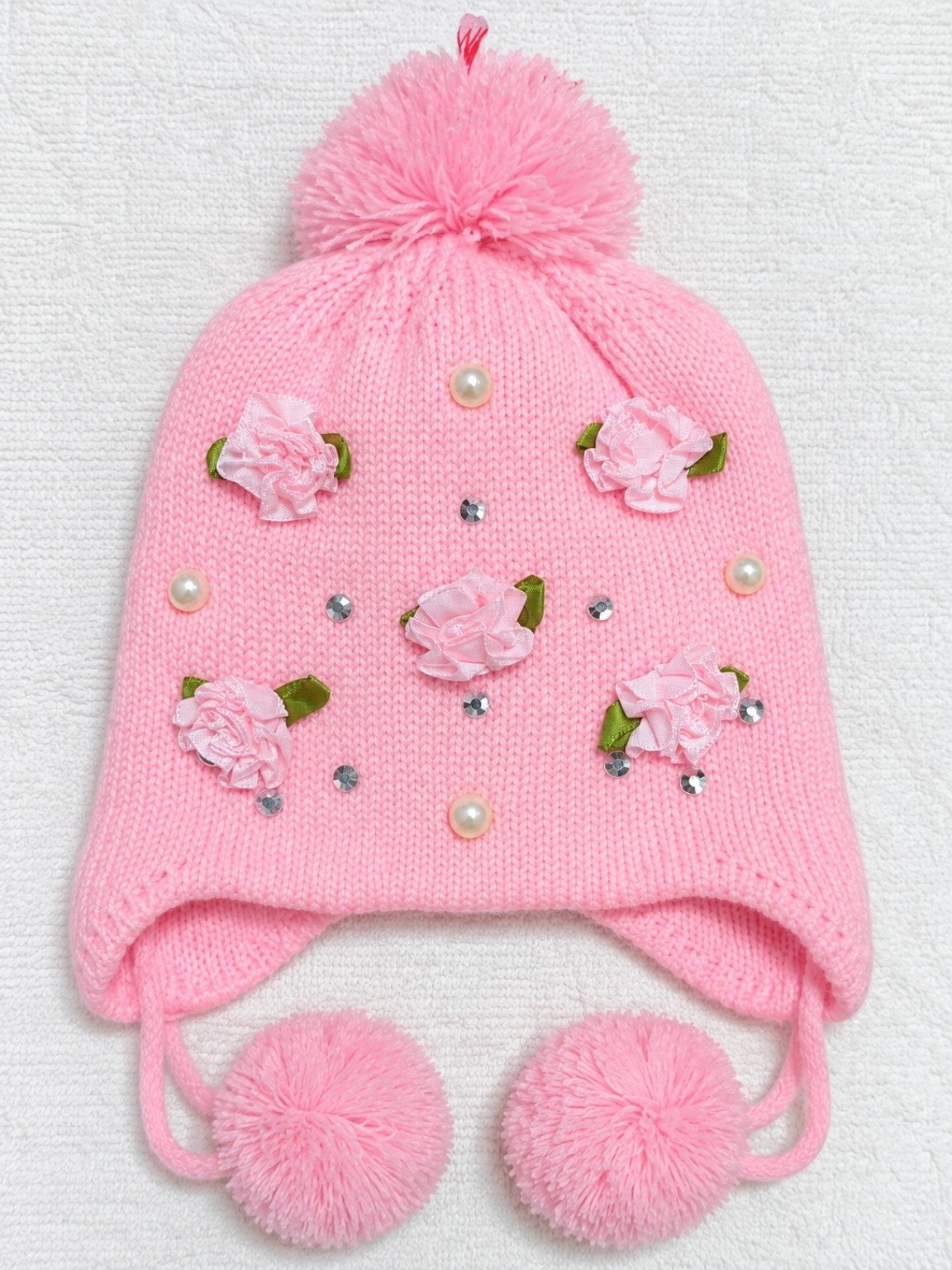 Girls Kids Winter Knitted Beanie Cap – Floral Pearl & Rhinestone Pom Pom Warm Hat - Image 3