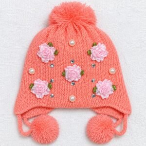 Girls Kids Winter Knitted Beanie Cap – Floral Pearl & Rhinestone Pom Pom Warm Hat