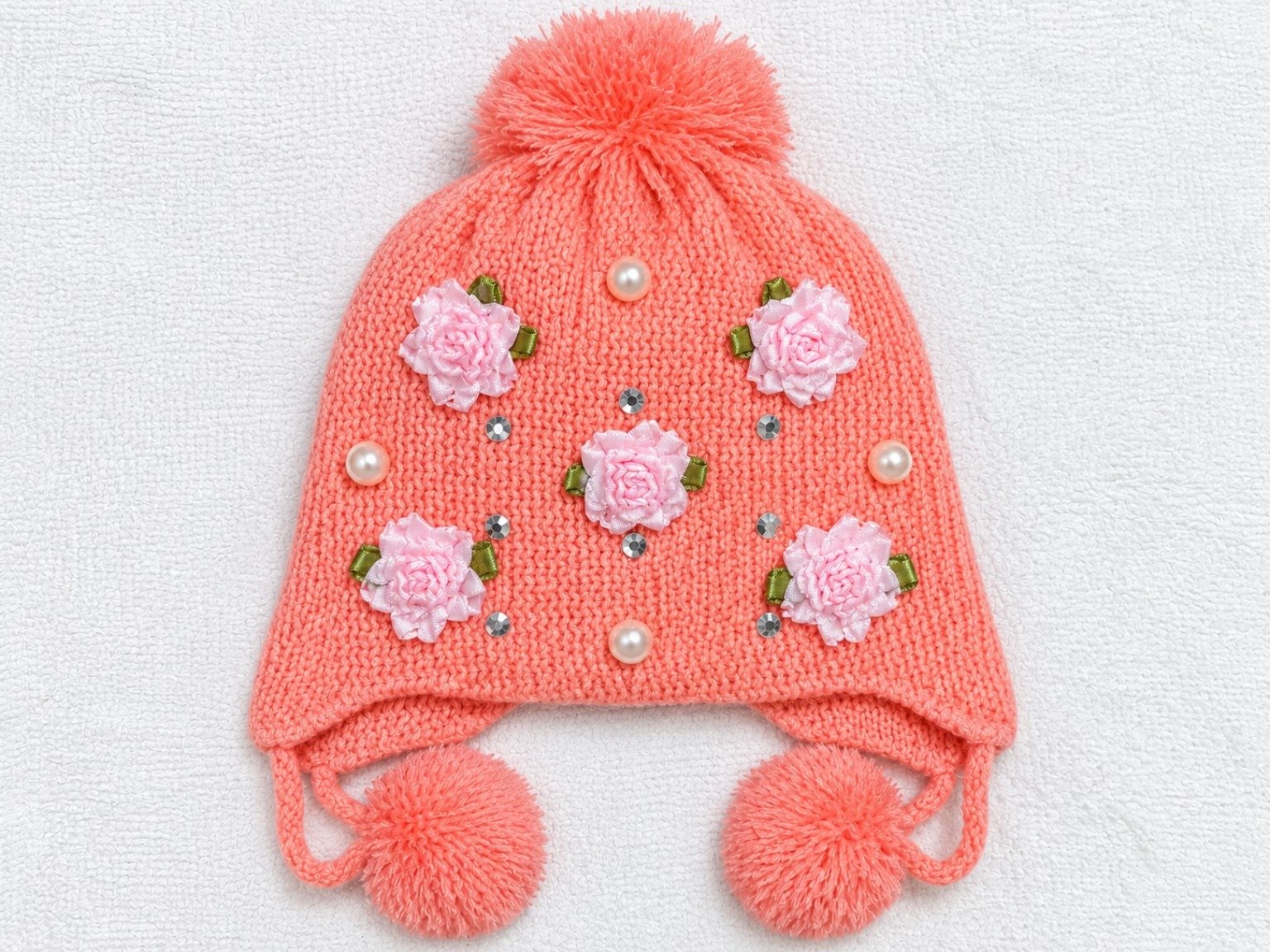 Girls Kids Winter Knitted Beanie Cap – Floral Pearl & Rhinestone Pom Pom Warm Hat