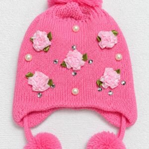 Girls Kids Winter Knitted Beanie Cap – Floral Pearl & Rhinestone Pom Pom Warm Hat