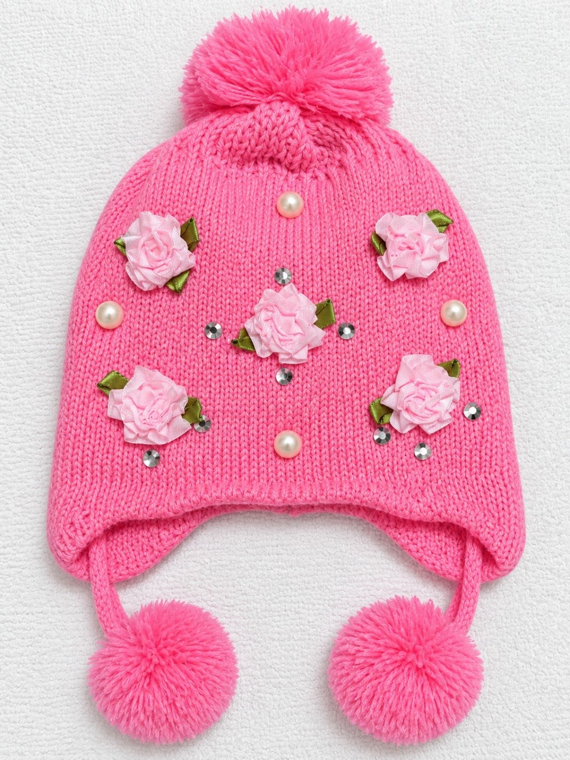 Girls Kids Winter Knitted Beanie Cap – Floral Pearl & Rhinestone Pom Pom Warm Hat - Image 4