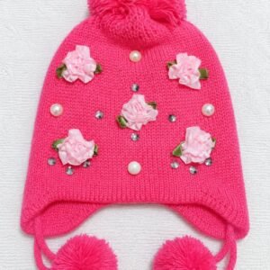 Girls Kids Winter Knitted Beanie Cap – Floral Pearl & Rhinestone Pom Pom Warm Hat