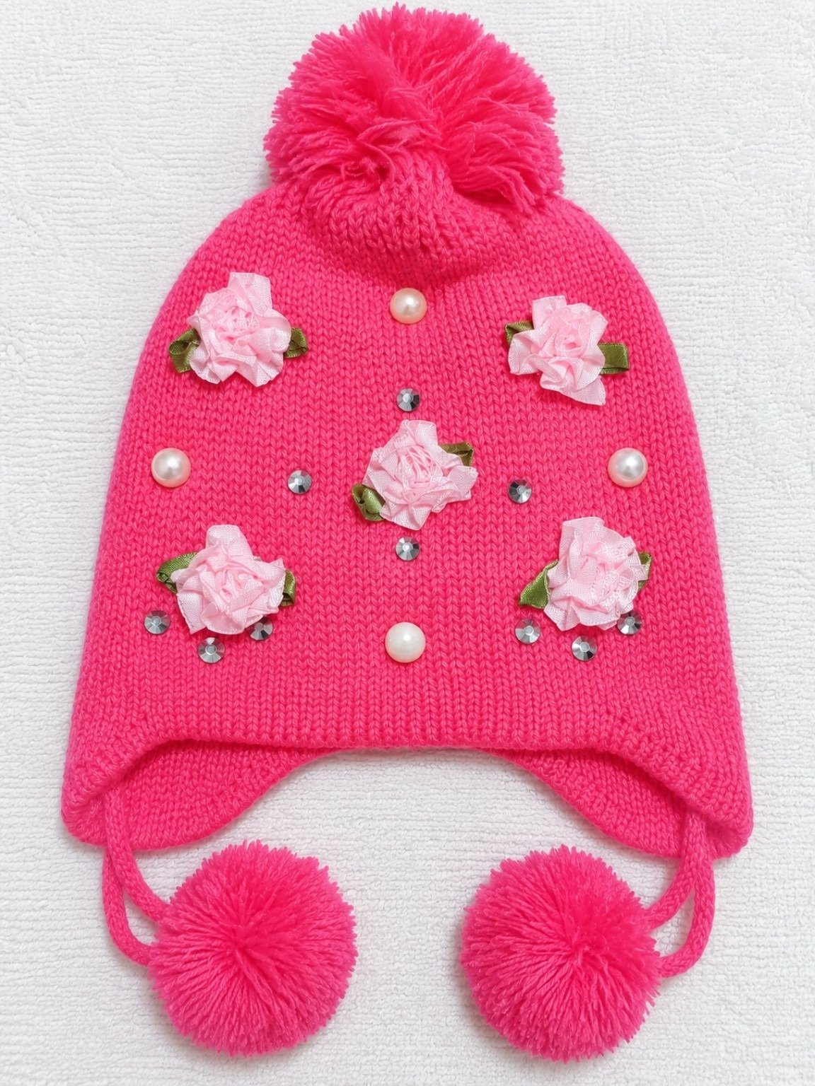 Girls Kids Winter Knitted Beanie Cap – Floral Pearl & Rhinestone Pom Pom Warm Hat - Image 5