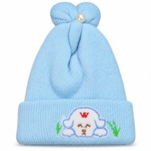 Kids Knitted Winter Cap with Cute Sheep Embroidery & Pearl Bow Design – Warm Beanie Hat
